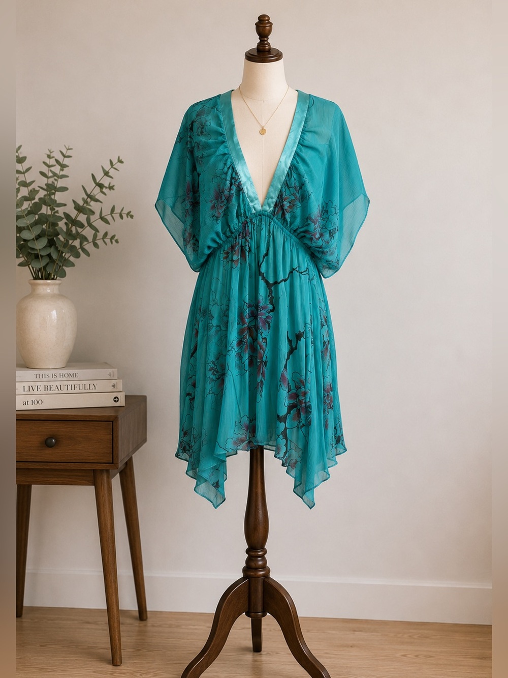 Y2K Fairy Teal Floral Chiffon Mini Dress Boho Flutter Sleeve Twik Small